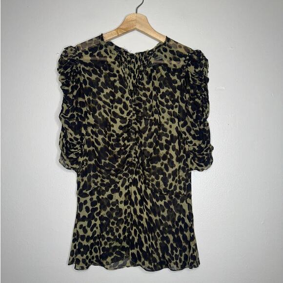 Isabel Marant Etoile Caja Leopard Print Blouse Green/Black Puff Sleeve Size US 8 - Picture 3 of 8